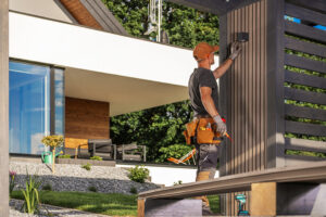 A skilled worker is meticulously installing LED light fixture to a wooden panel in a contemporary outdoor living space, highlighting craftsmanship and attention to detail.